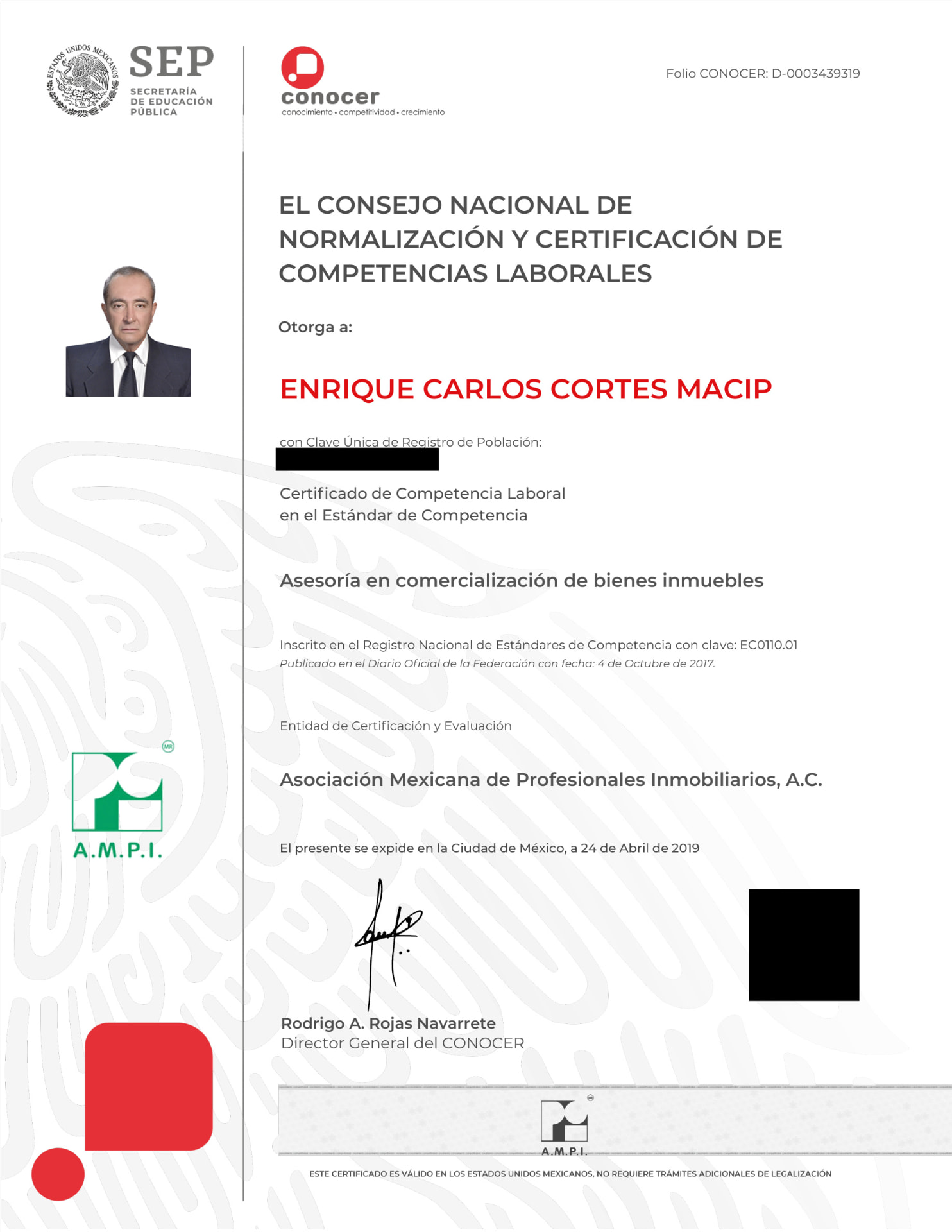 Certificado de competencia laboral de Enrique Carlos Cortes Macip
